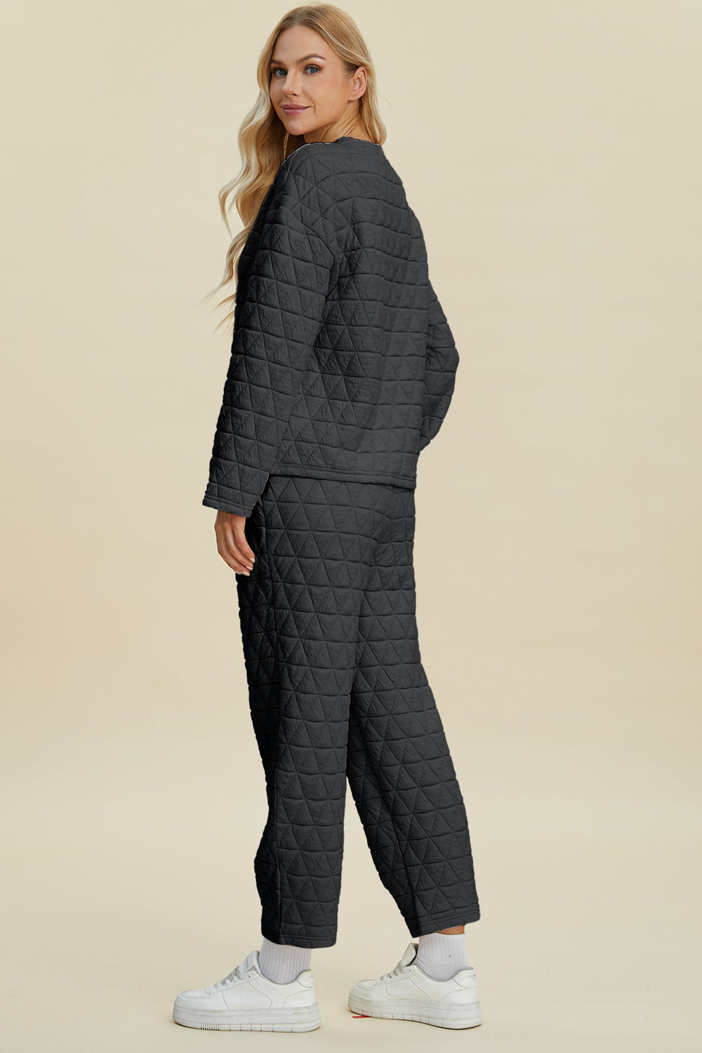 Texture Round Neck Long Sleeve Top and Pants Set - 3 Colors