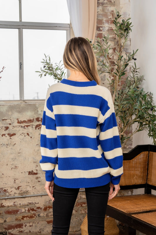 Navy Contrast Striped Round Neck Sweater