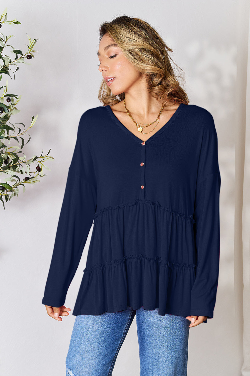 Half Button Long Sleeve Ruffle Hem Blouse - 7 Colors