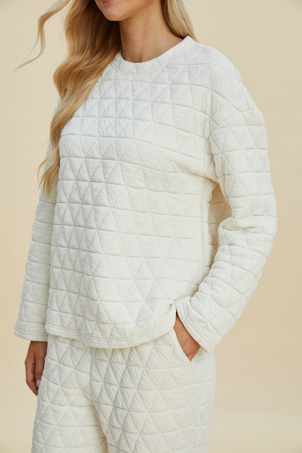 Texture Round Neck Long Sleeve Top and Pants Set - 3 Colors
