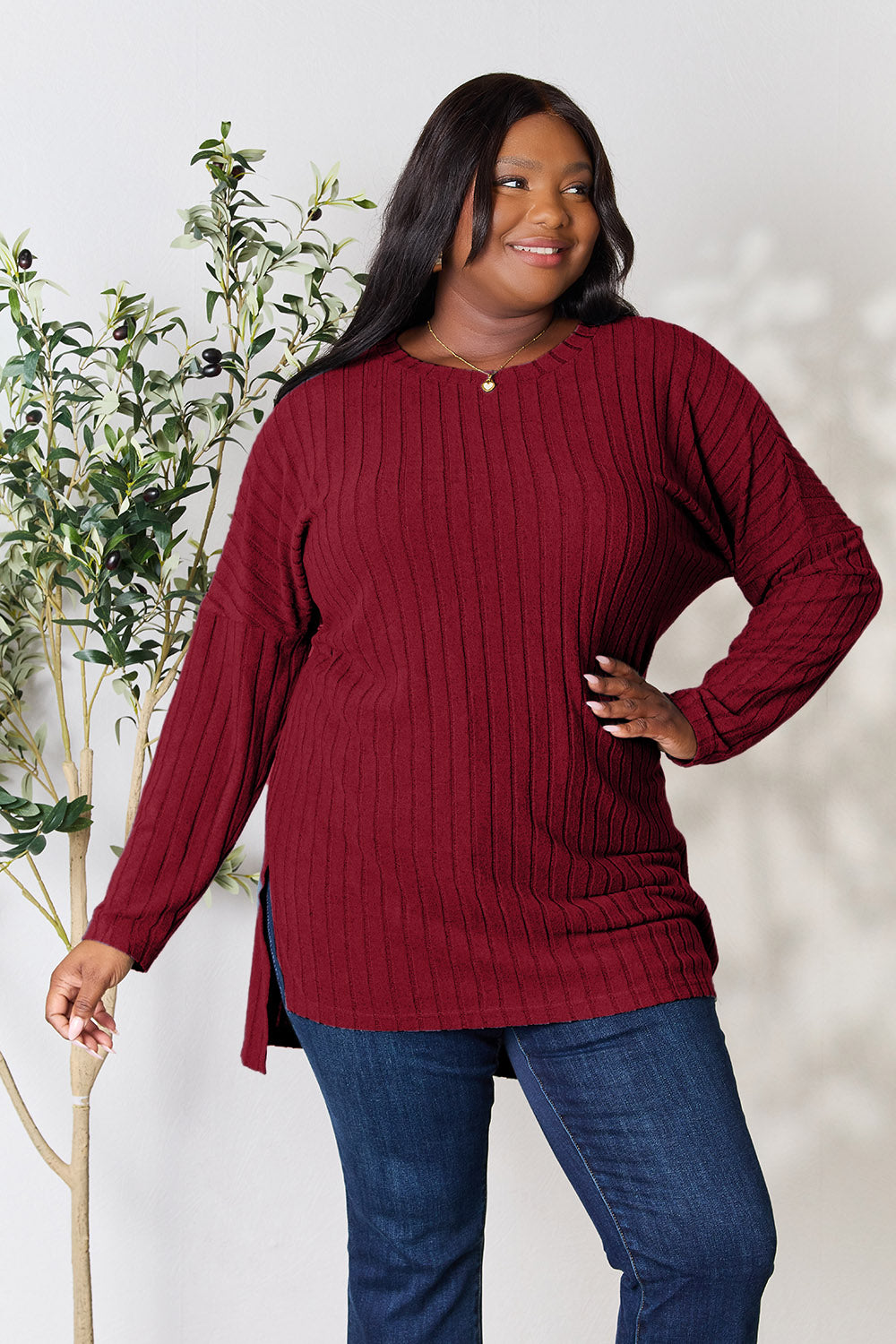 Ribbed Round Neck Long Sleeve Slit Top - 5 Colors