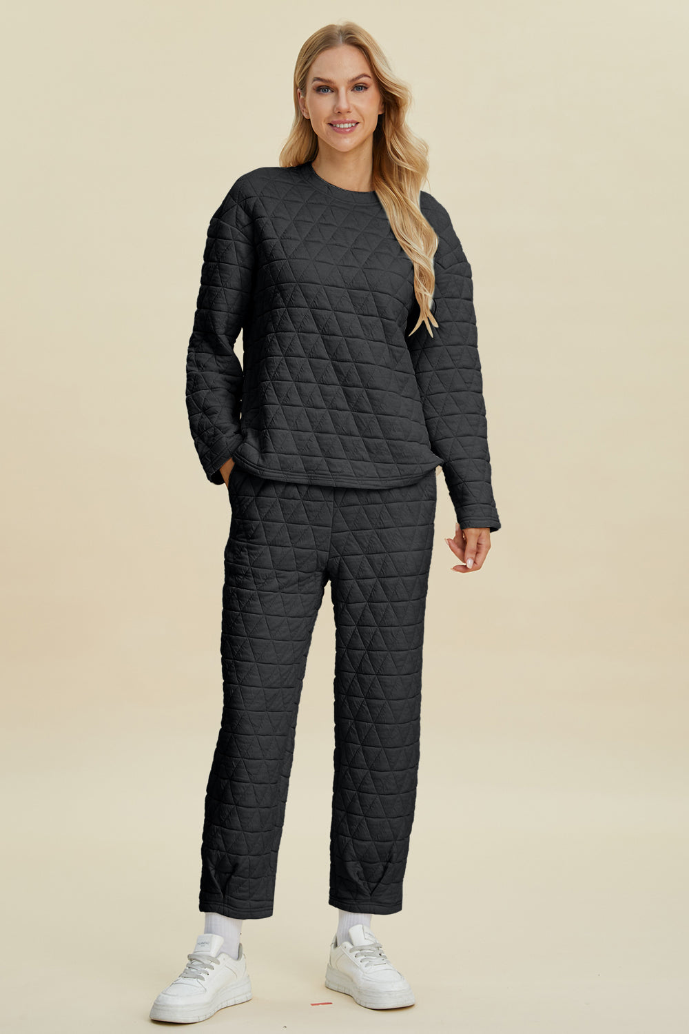 Texture Round Neck Long Sleeve Top and Pants Set - 3 Colors