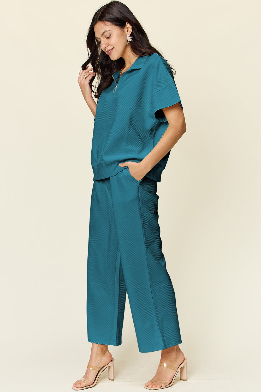 Texture Half Zip Short Sleeve Top and Pants Set - 6 Colors