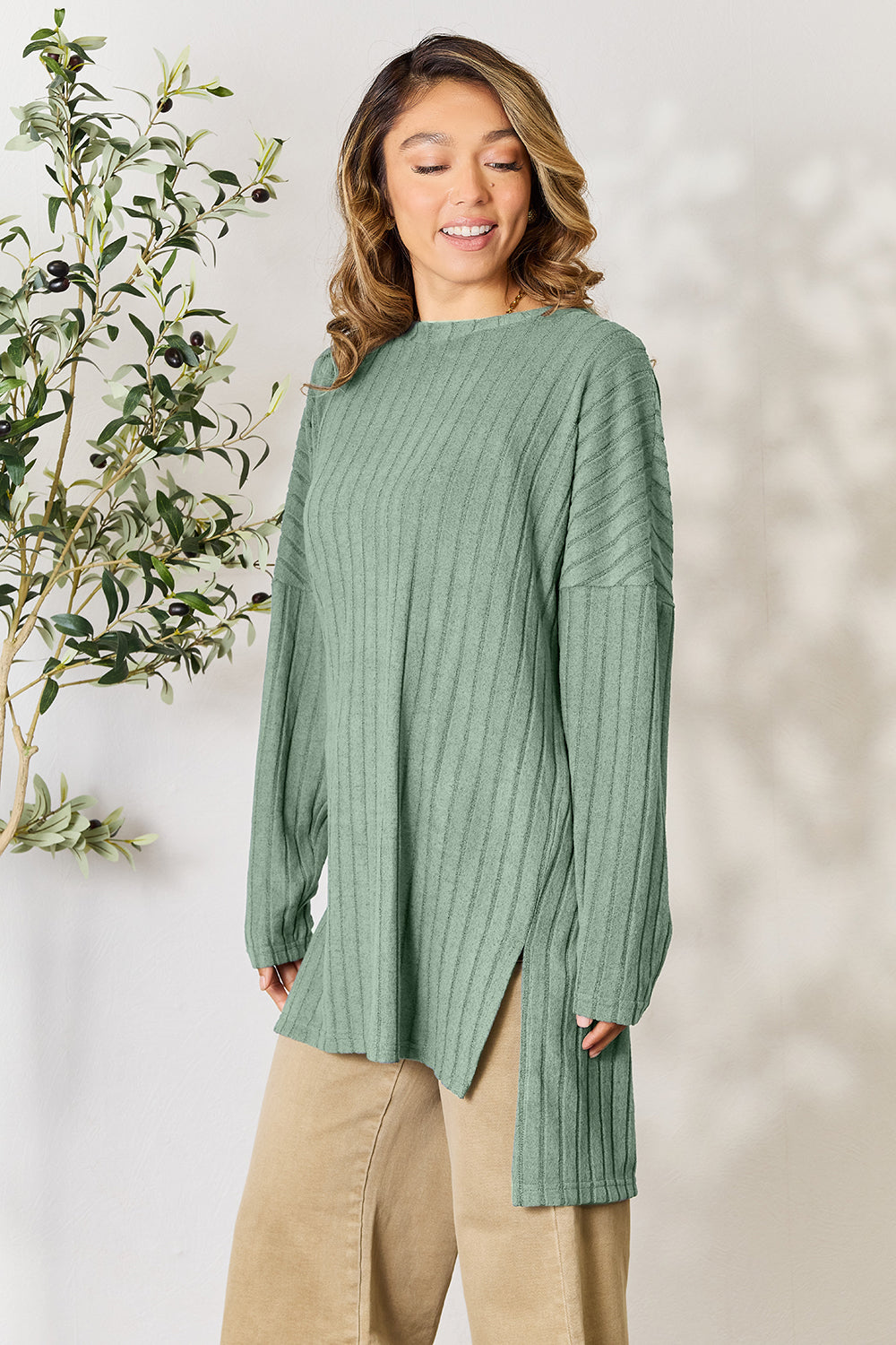Ribbed Round Neck Long Sleeve Slit Top - 5 Colors