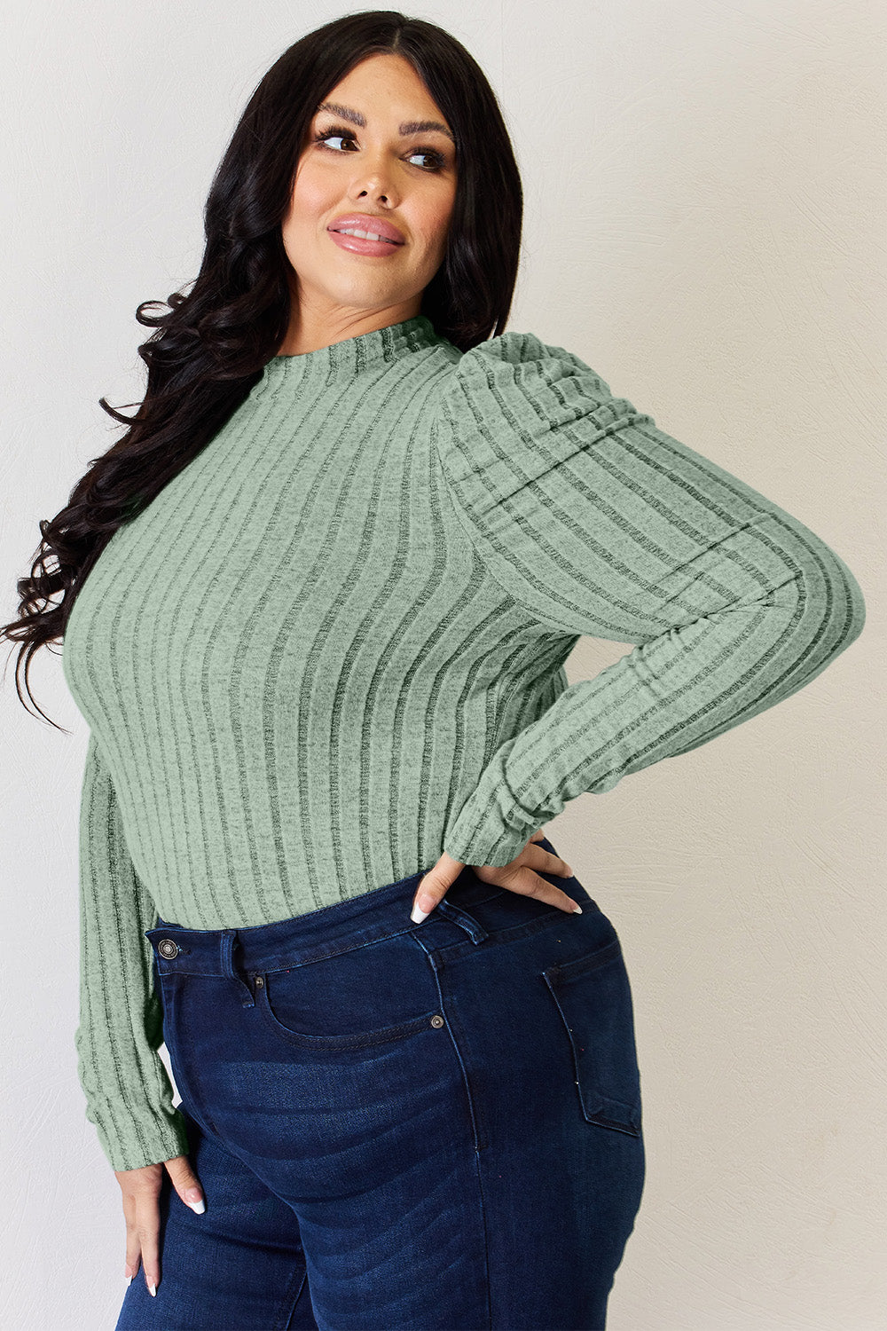 Ribbed Mock Neck Puff Sleeve T-Shirt - 5 Colors