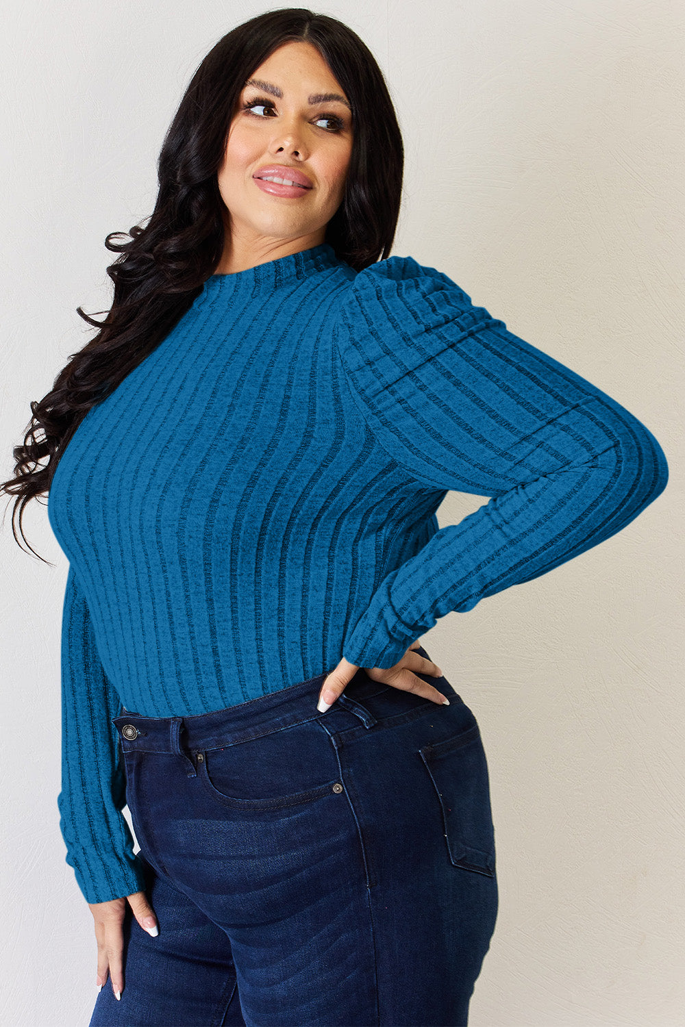 Ribbed Mock Neck Puff Sleeve T-Shirt - 5 Colors