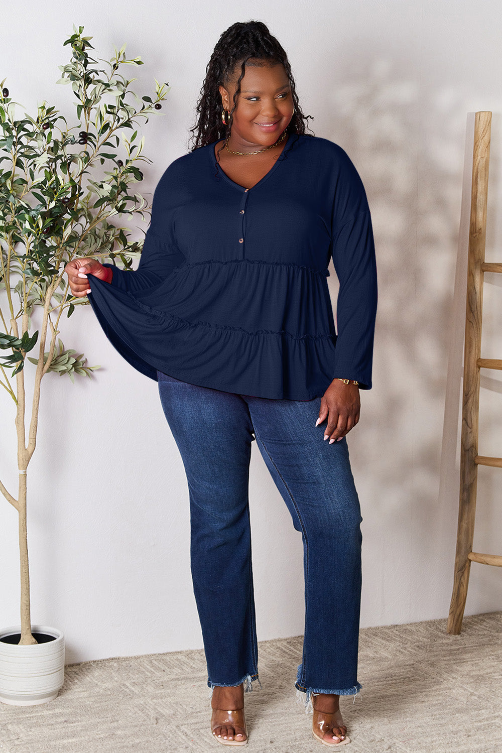 Half Button Long Sleeve Ruffle Hem Blouse - 7 Colors