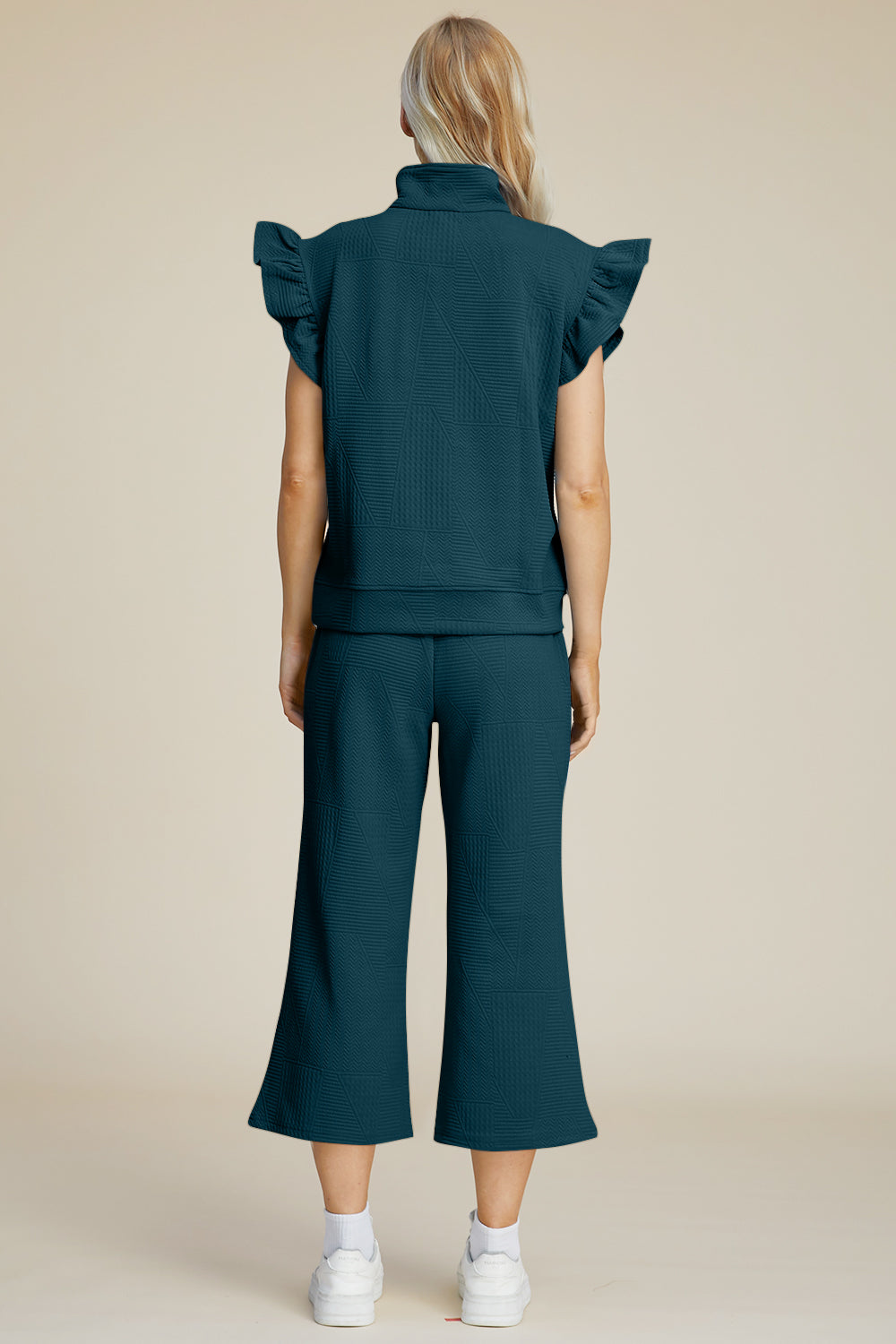 Texture Ruffle Short Sleeve Top and Wide Leg Pants Set - 5 Colors
