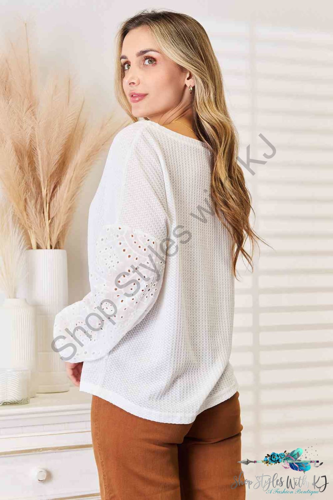 Double Take Eyelet Dropped Shoulder Round Neck Blouse