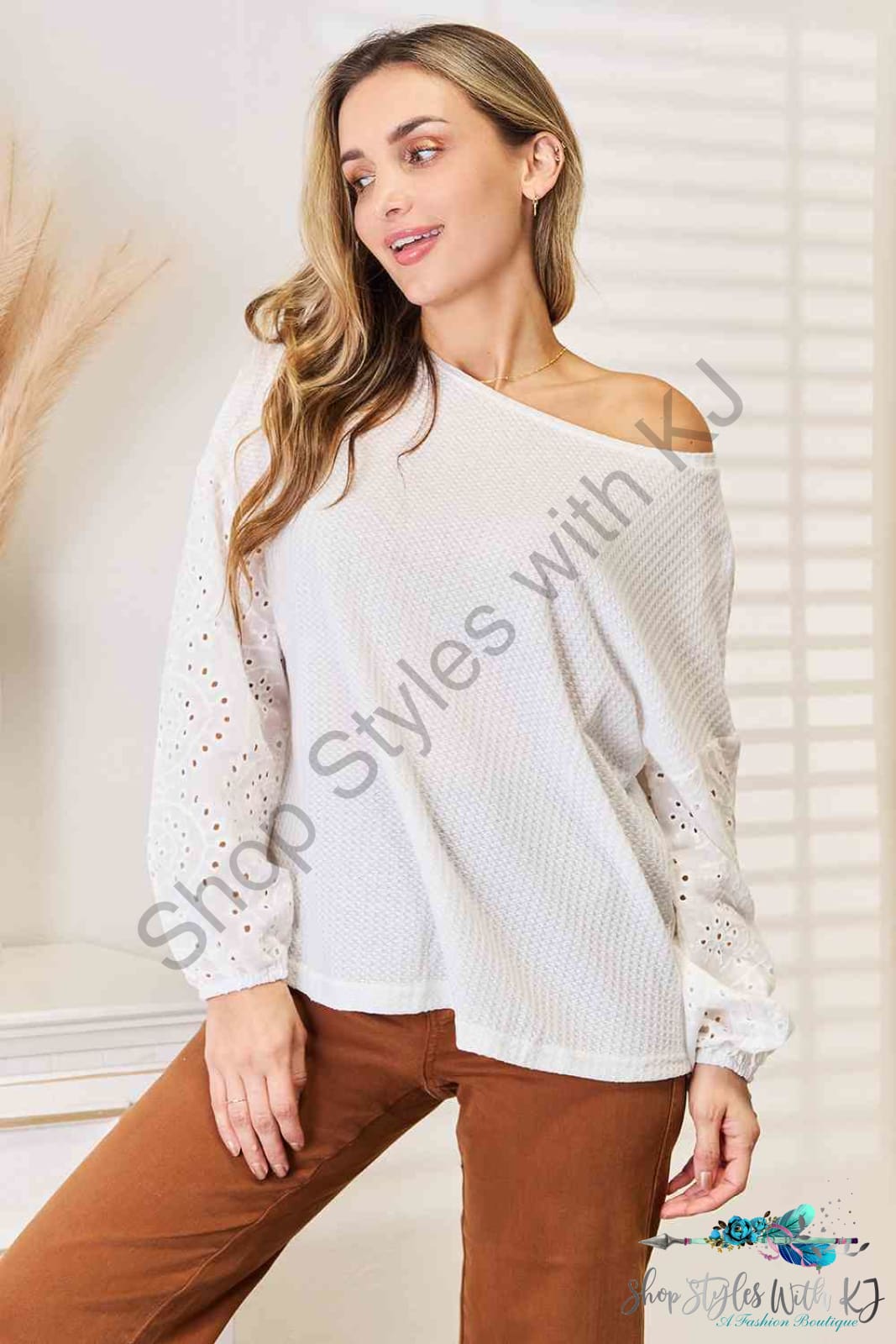Double Take Eyelet Dropped Shoulder Round Neck Blouse