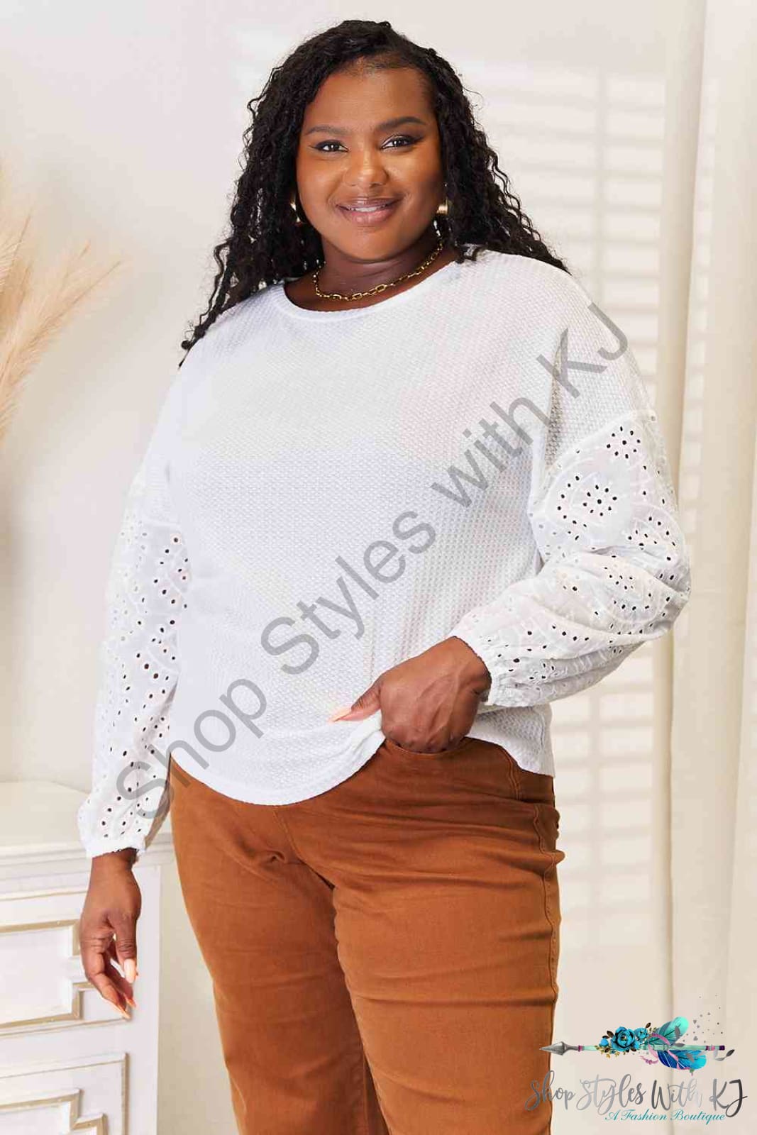 Double Take Eyelet Dropped Shoulder Round Neck Blouse
