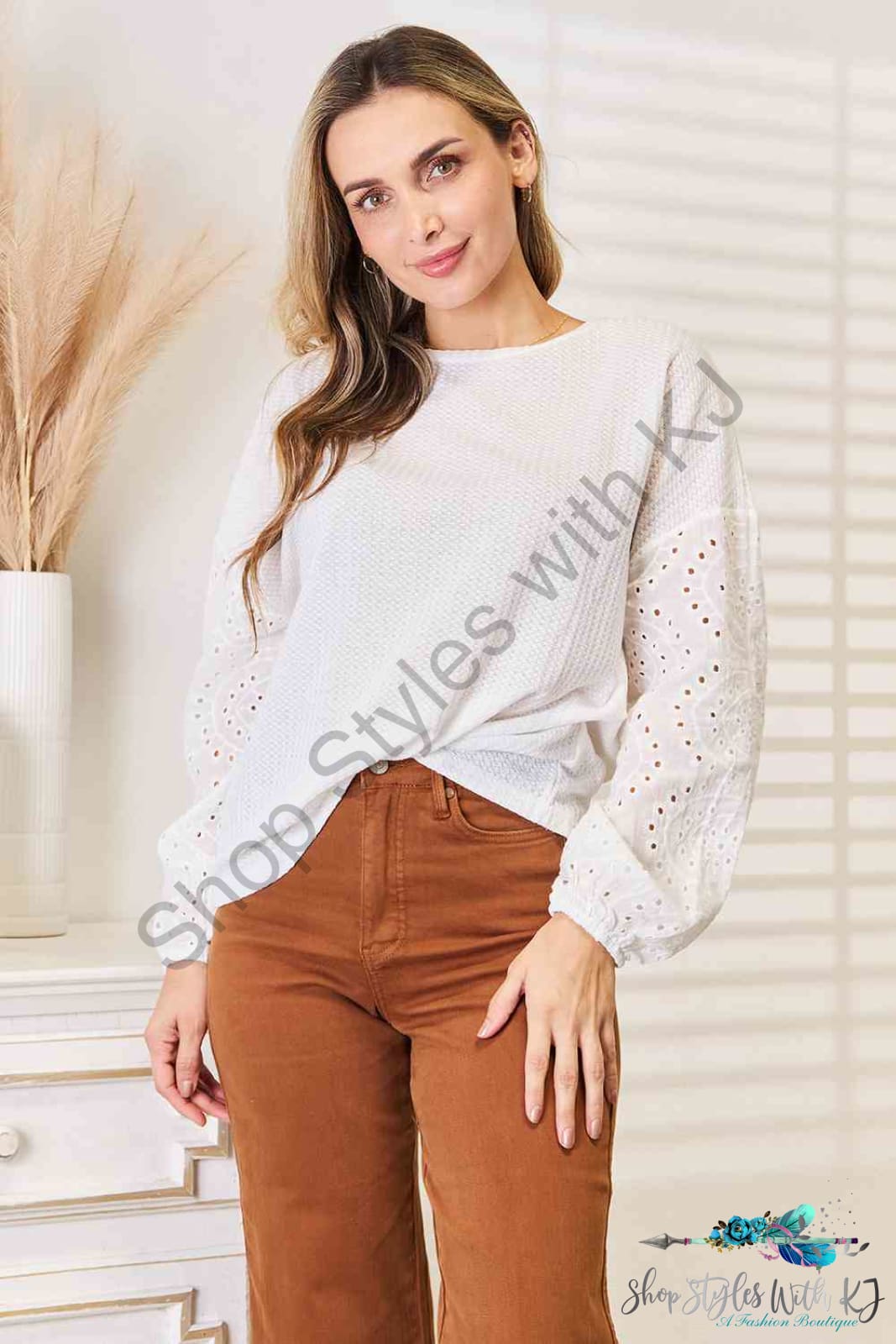 Double Take Eyelet Dropped Shoulder Round Neck Blouse