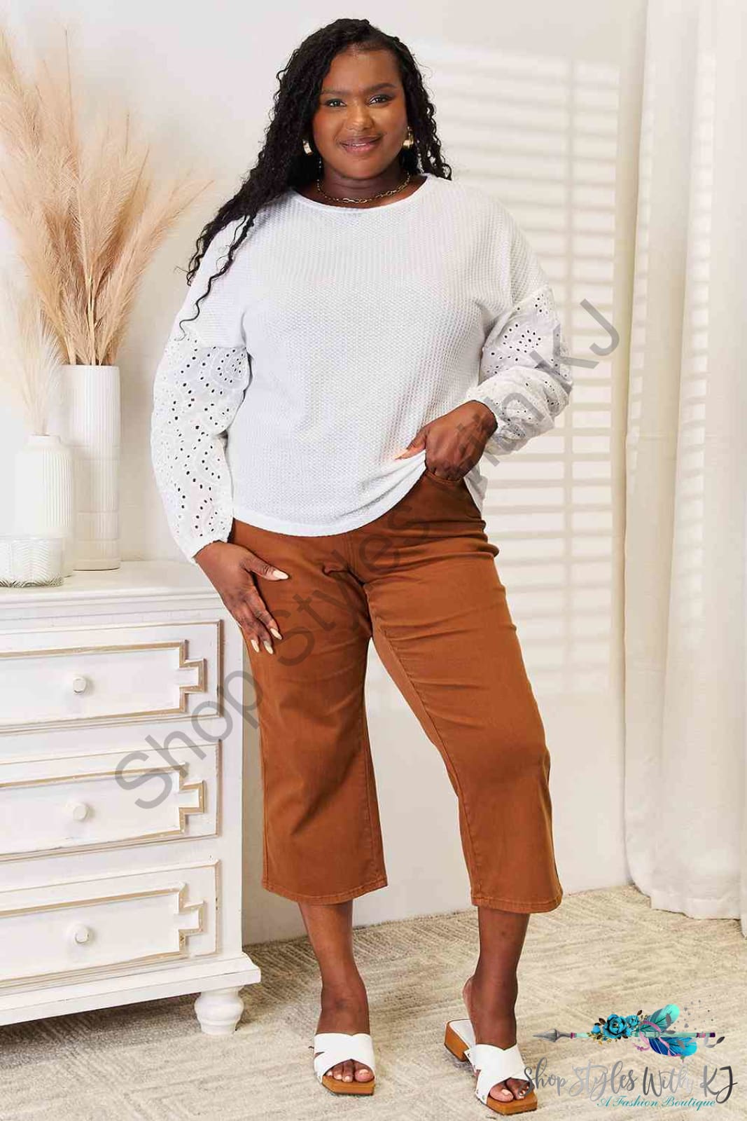 Double Take Eyelet Dropped Shoulder Round Neck Blouse