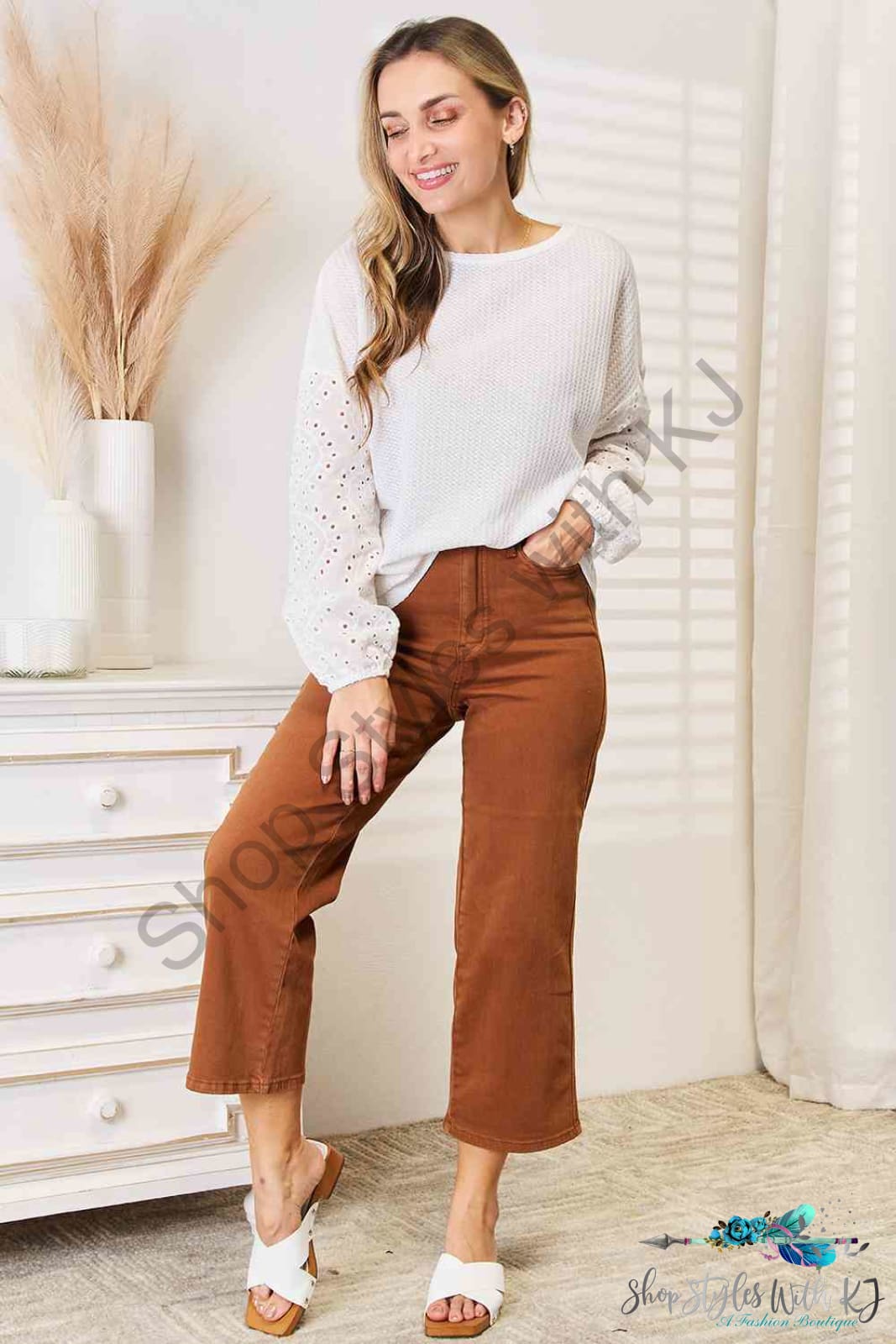 Double Take Eyelet Dropped Shoulder Round Neck Blouse