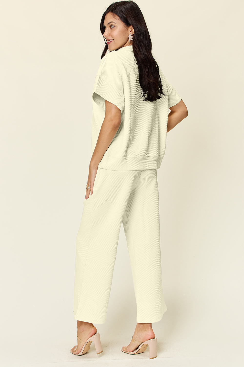 Texture Half Zip Short Sleeve Top and Pants Set - 6 Colors
