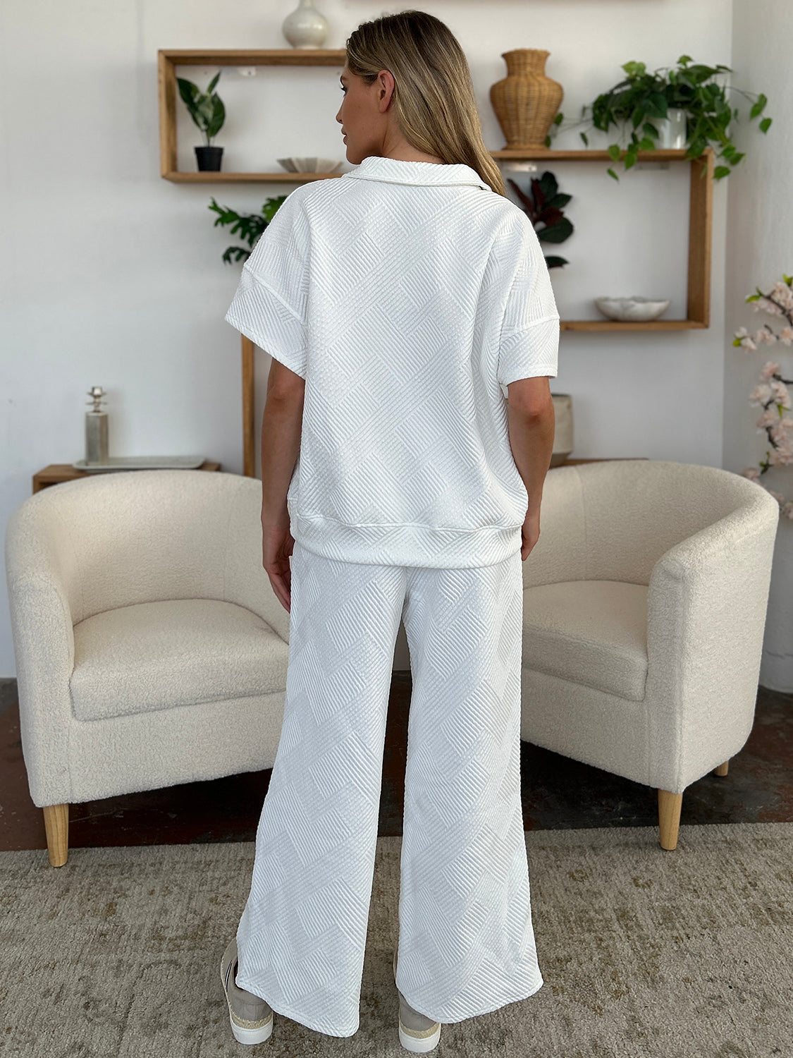 Texture Half Zip Short Sleeve Top and Pants Set - 6 Colors