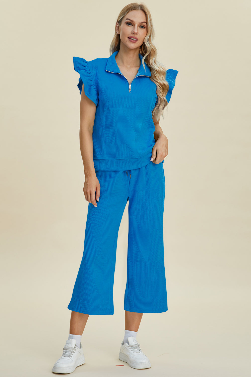 Texture Ruffle Short Sleeve Top and Wide Leg Pants Set - 5 Colors