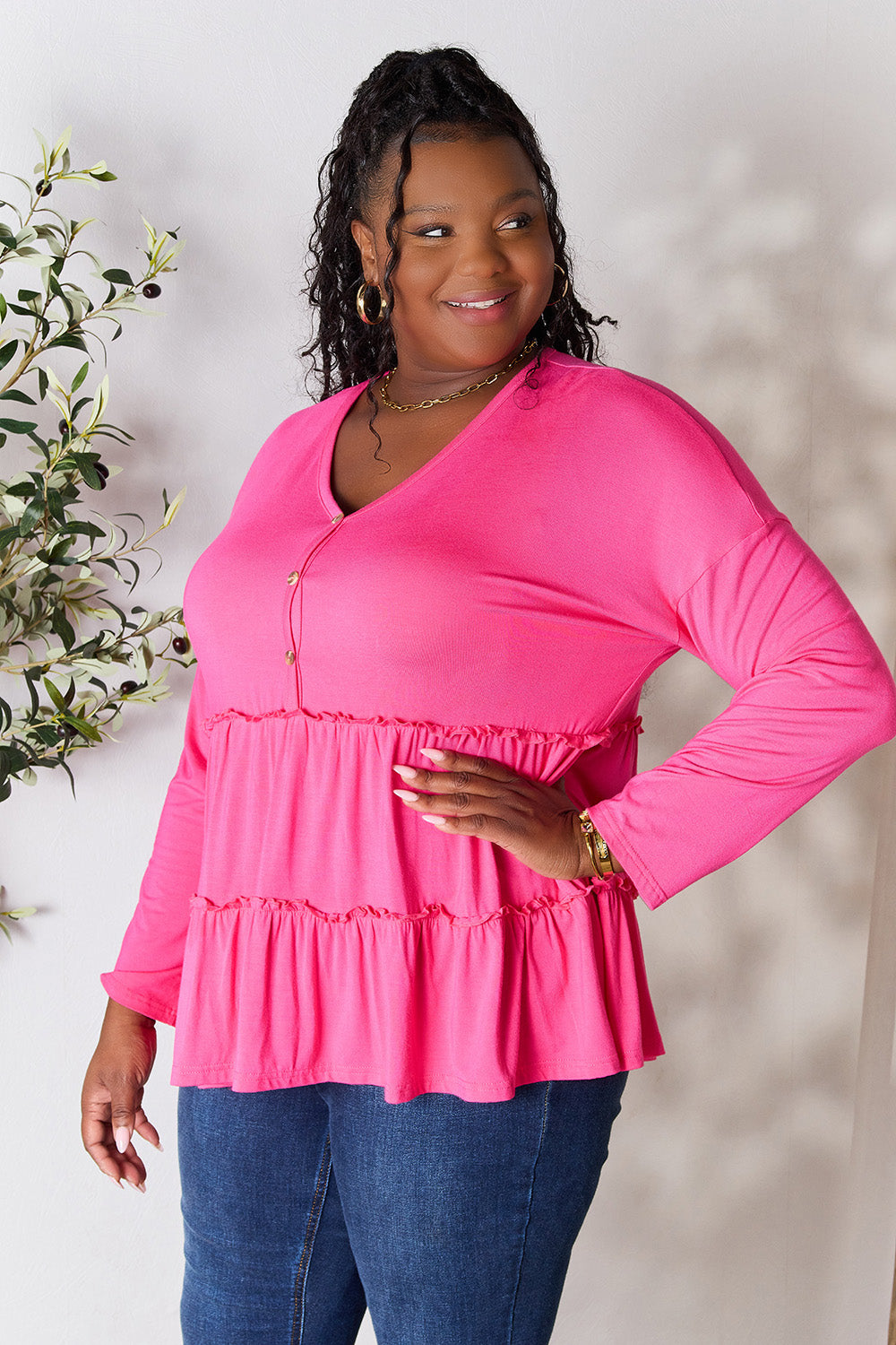 Half Button Long Sleeve Ruffle Hem Blouse - 7 Colors