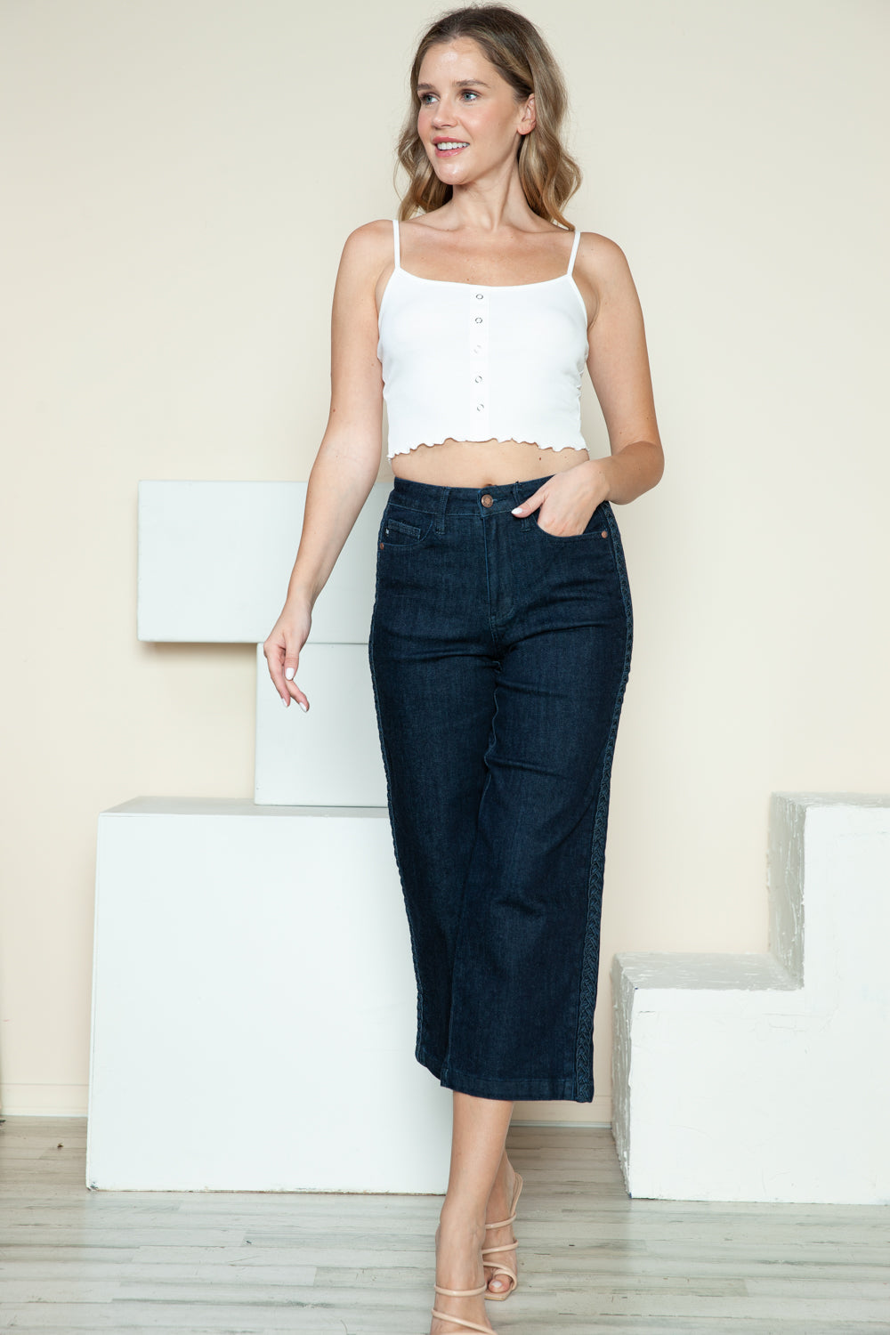 Judy Blue Side Seam Braid Detail High Rise Crop Wide Leg Jeans