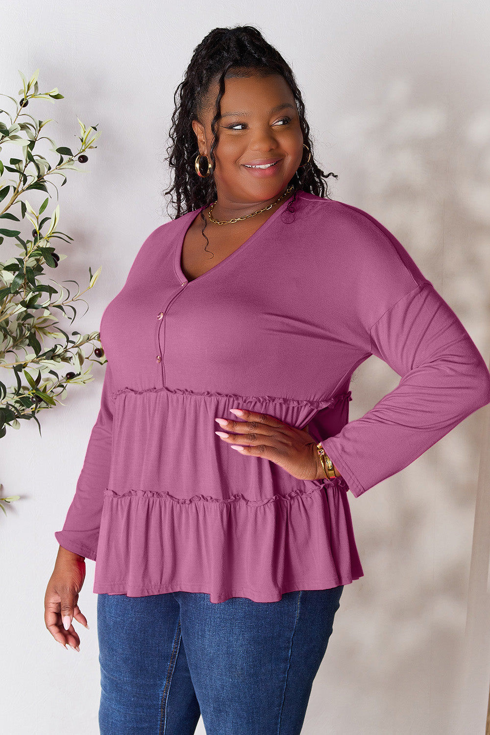 Half Button Long Sleeve Ruffle Hem Blouse - 7 Colors