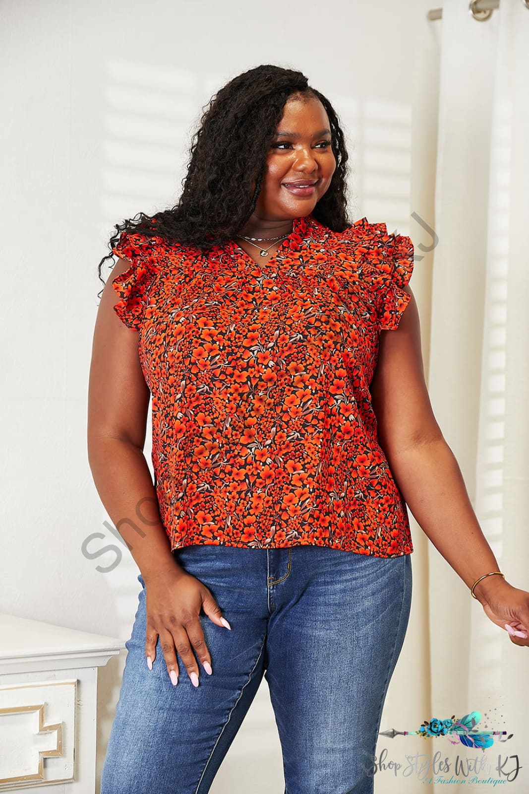 Double Take Floral Flutter Sleeve Notched Neck Blouse Shirts & Tops