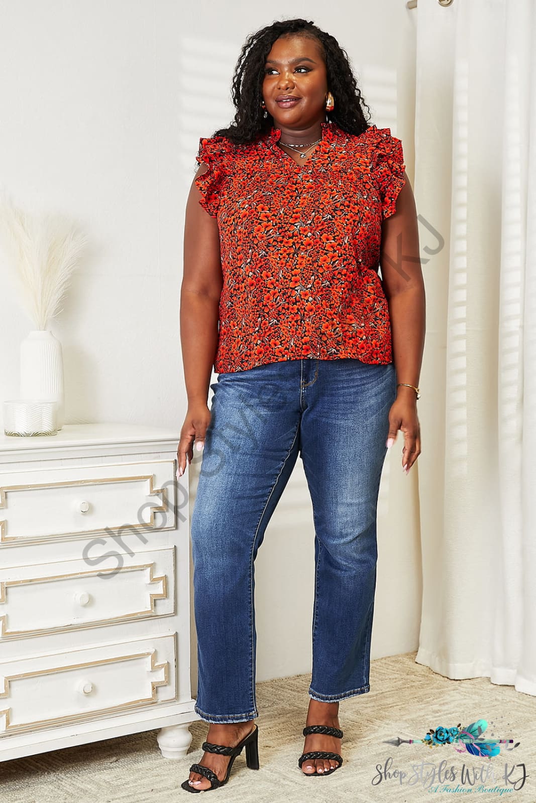 Double Take Floral Flutter Sleeve Notched Neck Blouse Shirts & Tops