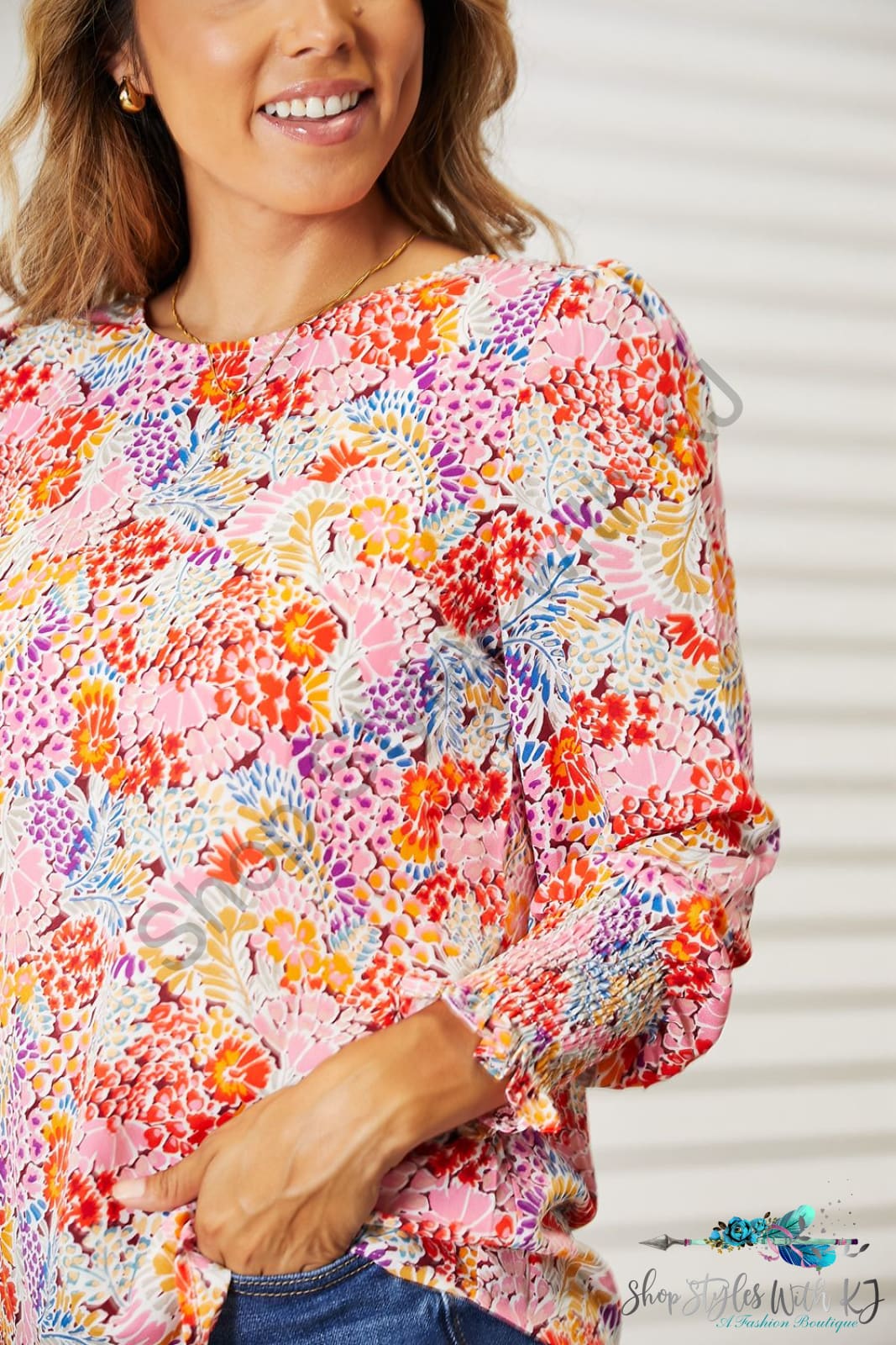 Double Take Floral Print Long Puff Sleeve Blouse