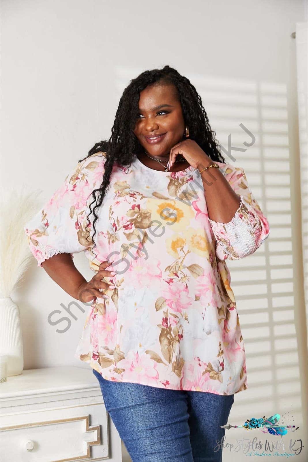 Double Take Floral Round Neck Three-Quarter Sleeve Top