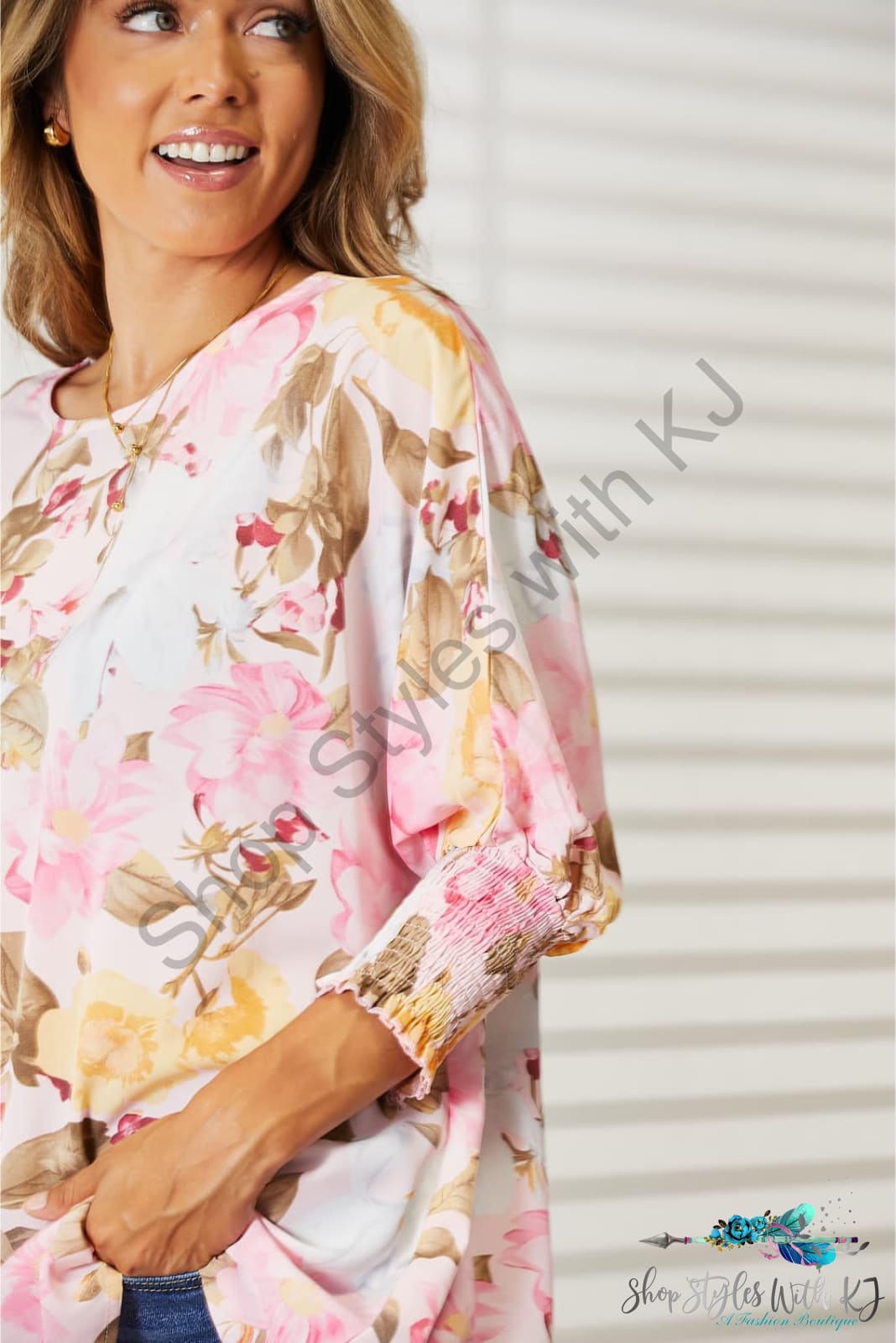 Double Take Floral Round Neck Three-Quarter Sleeve Top