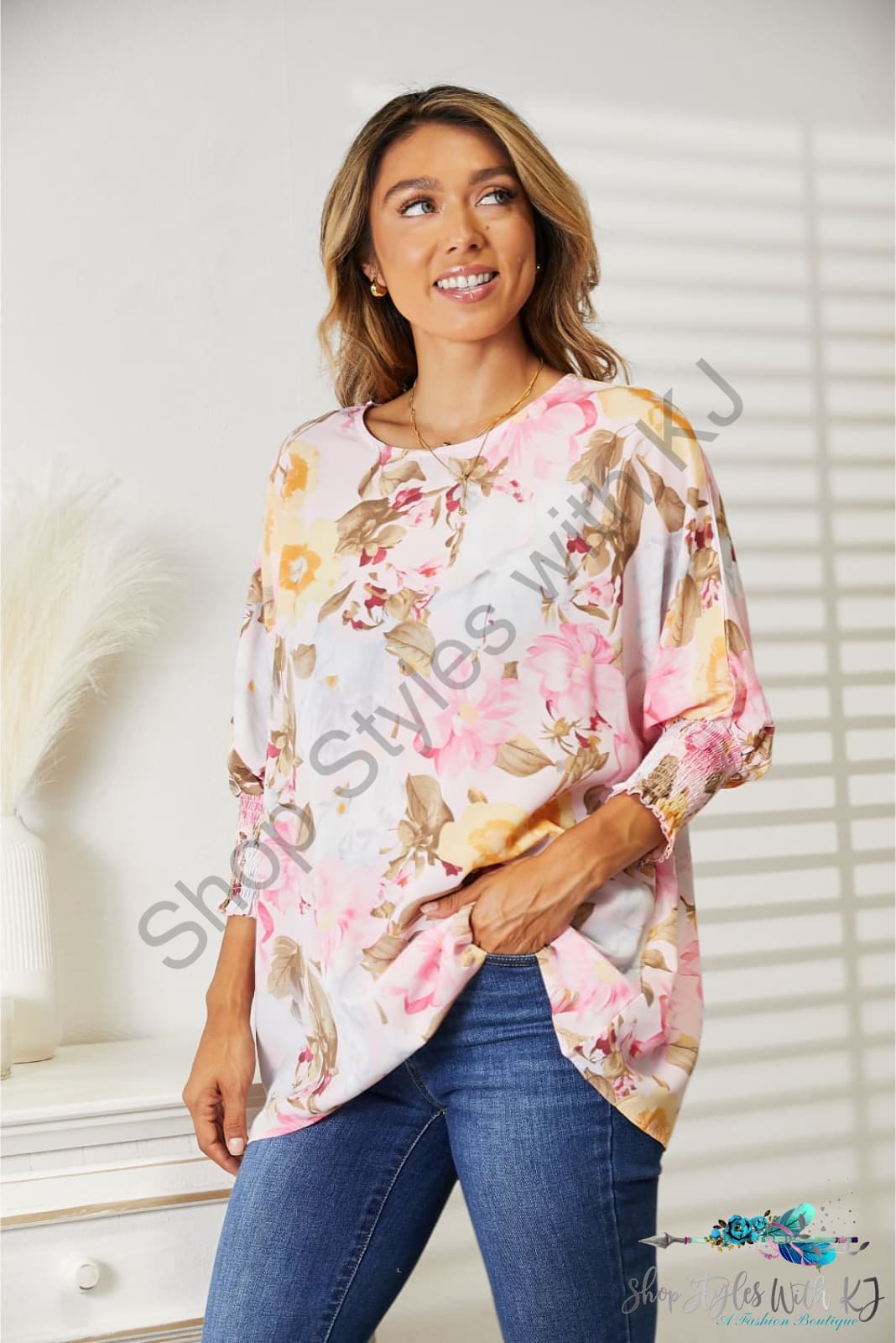 Double Take Floral Round Neck Three-Quarter Sleeve Top