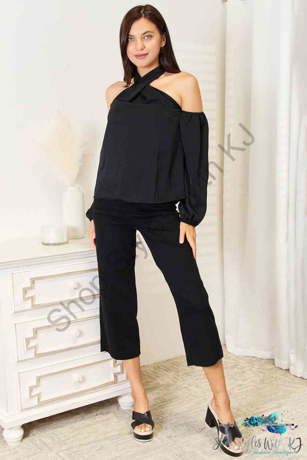 Grecian Cold Shoulder Long Sleeve Blouse Shirts & Tops