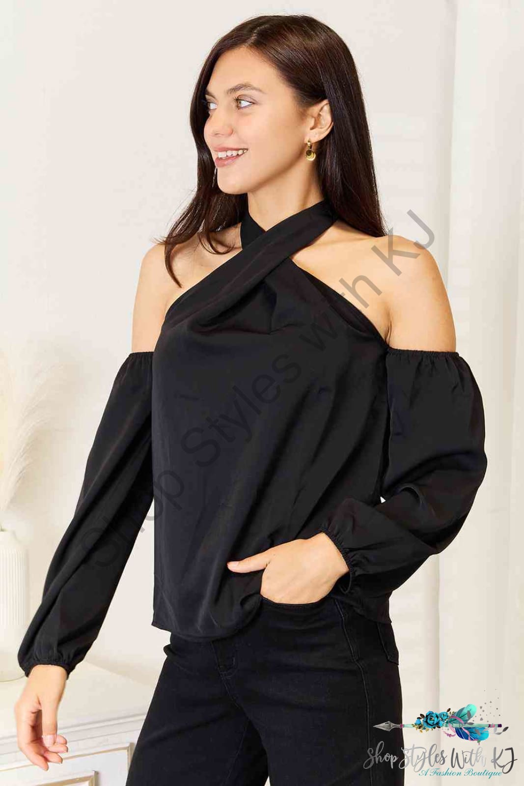 Grecian Cold Shoulder Long Sleeve Blouse Shirts & Tops
