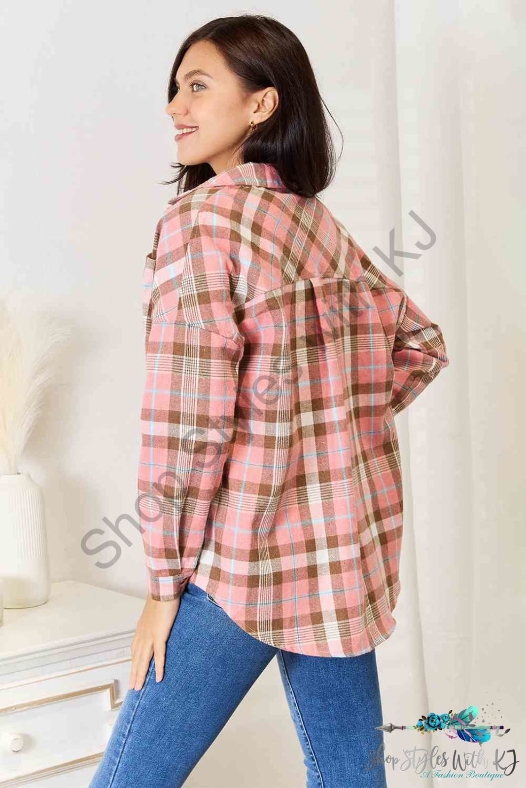Plaid Collared Neck Long Sleeve Button-Up Shirt Shirts & Tops