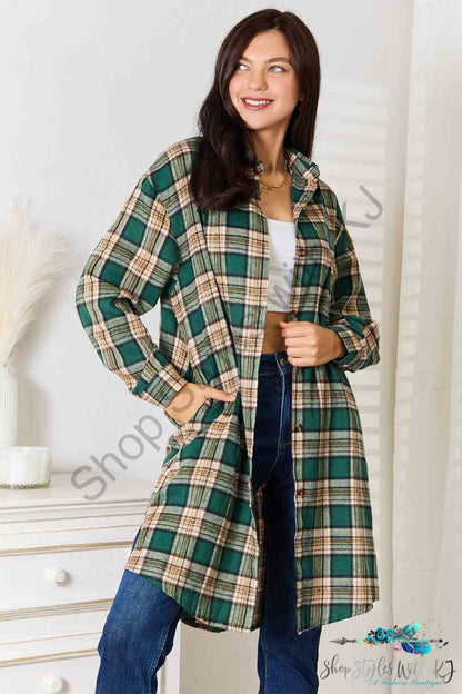 Plaid Collared Neck Long Sleeve Shirt Green / S Shirts & Tops