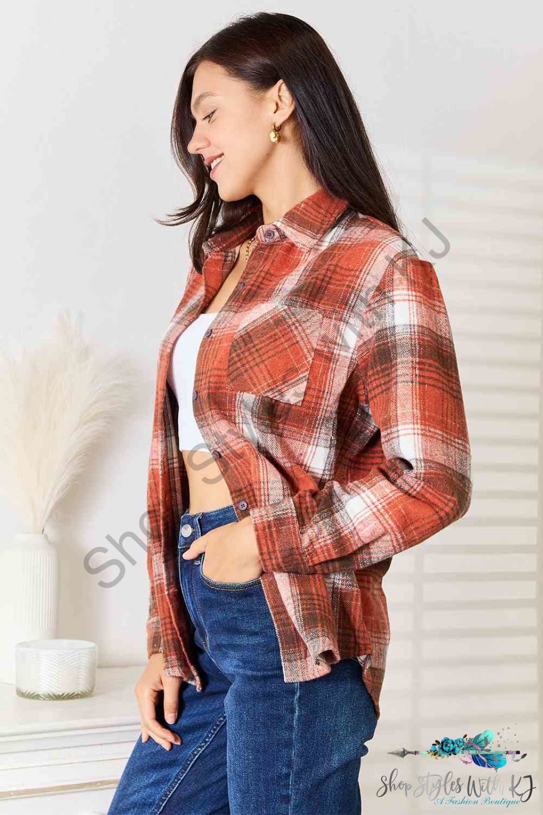 Plaid Collared Neck Long Sleeve Shirt Shirts & Tops