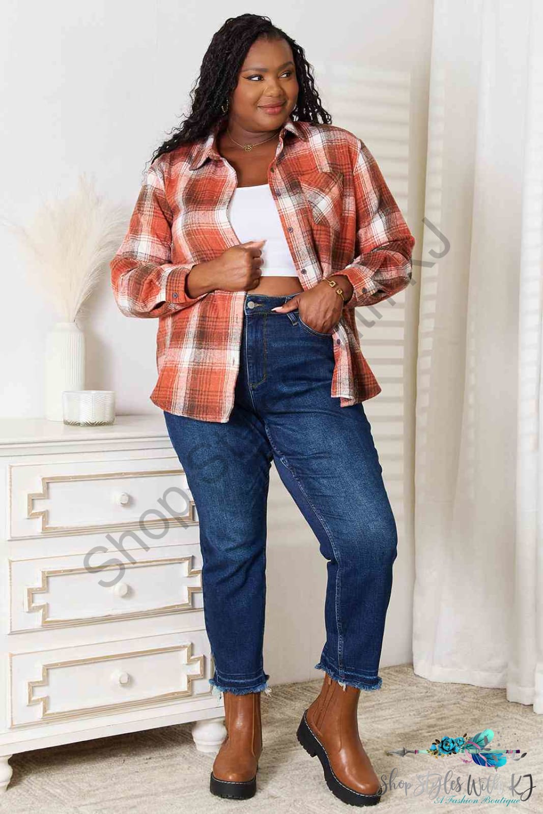 Plaid Collared Neck Long Sleeve Shirt Shirts & Tops