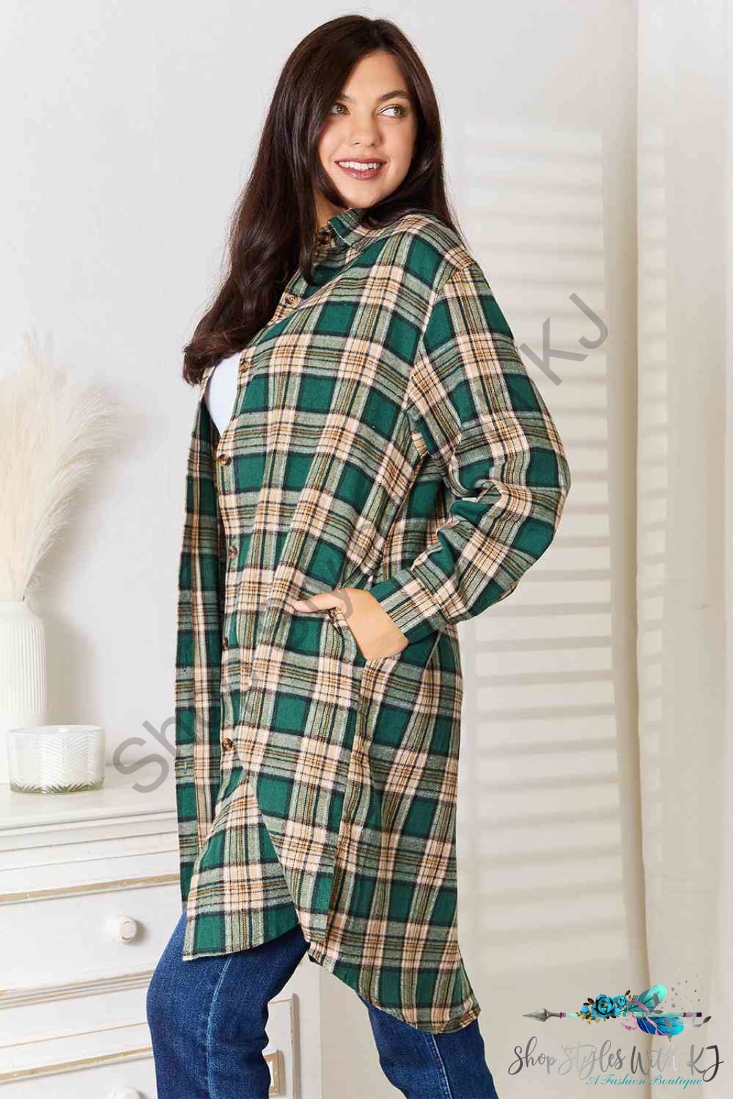 Plaid Collared Neck Long Sleeve Shirt Shirts & Tops