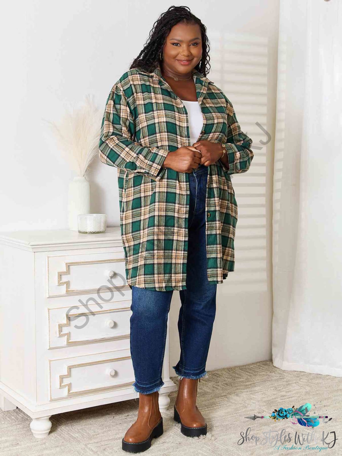 Plaid Collared Neck Long Sleeve Shirt Shirts & Tops