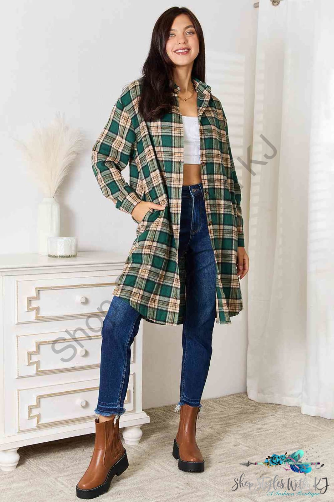 Plaid Collared Neck Long Sleeve Shirt Shirts & Tops