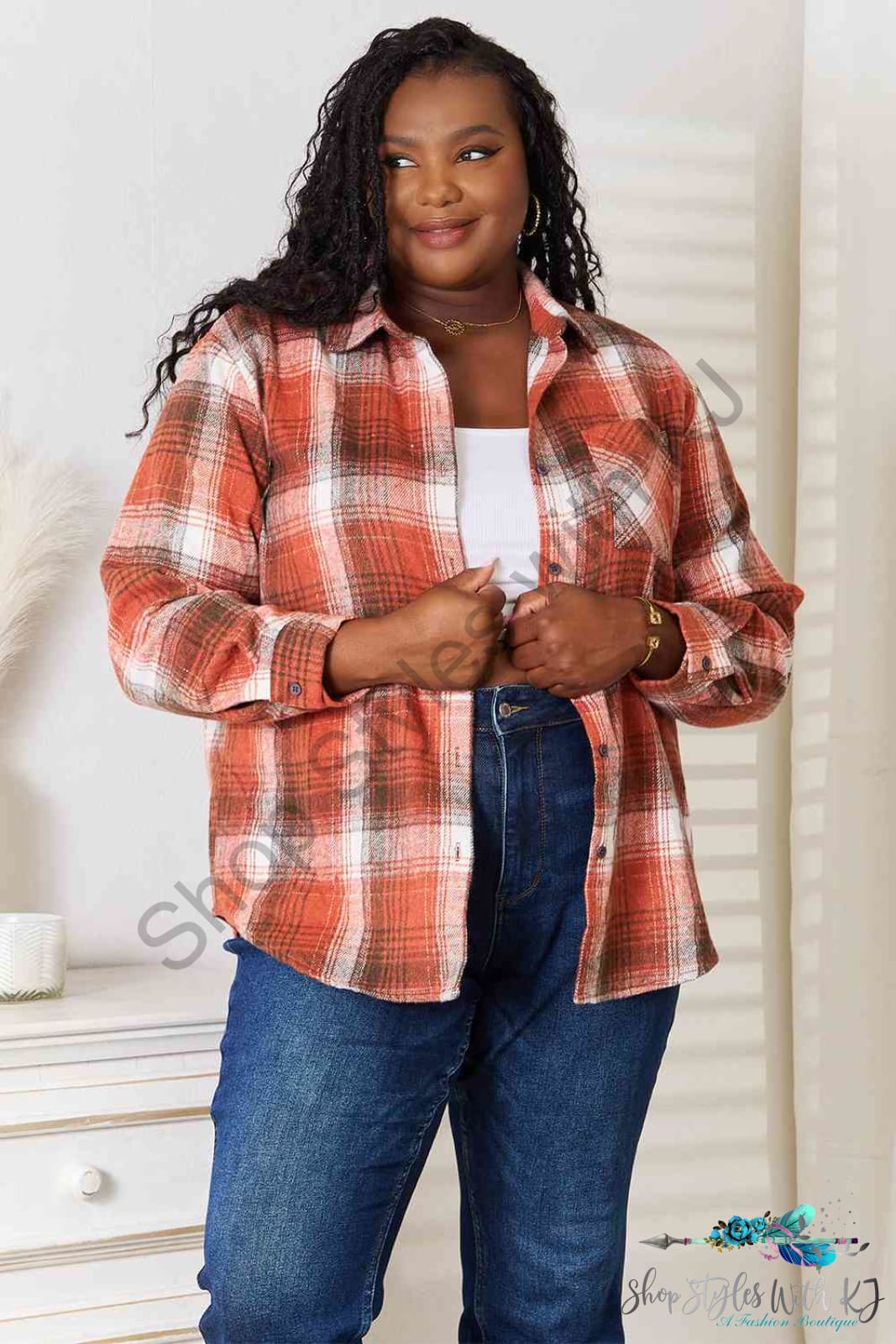 Plaid Collared Neck Long Sleeve Shirt Shirts & Tops