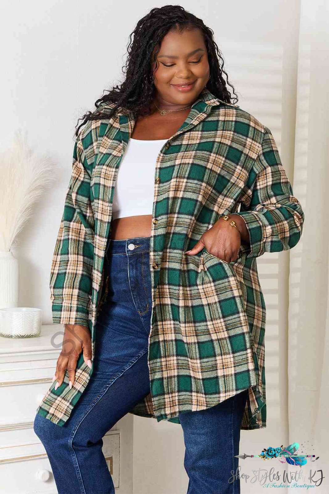 Plaid Collared Neck Long Sleeve Shirt Shirts & Tops
