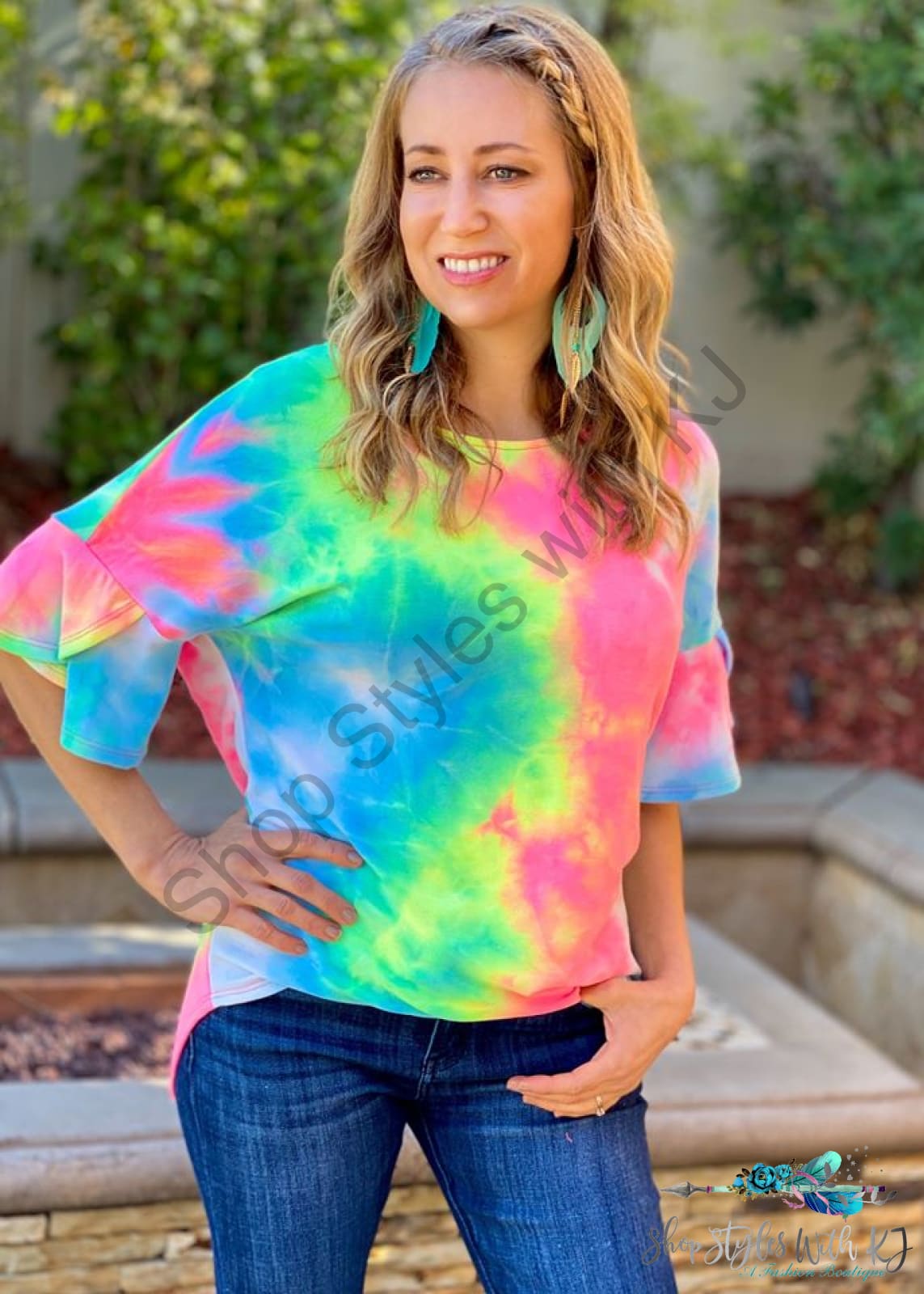 Rainbow Sherbet Tie Dye Bell Sleeve Top - Size Small