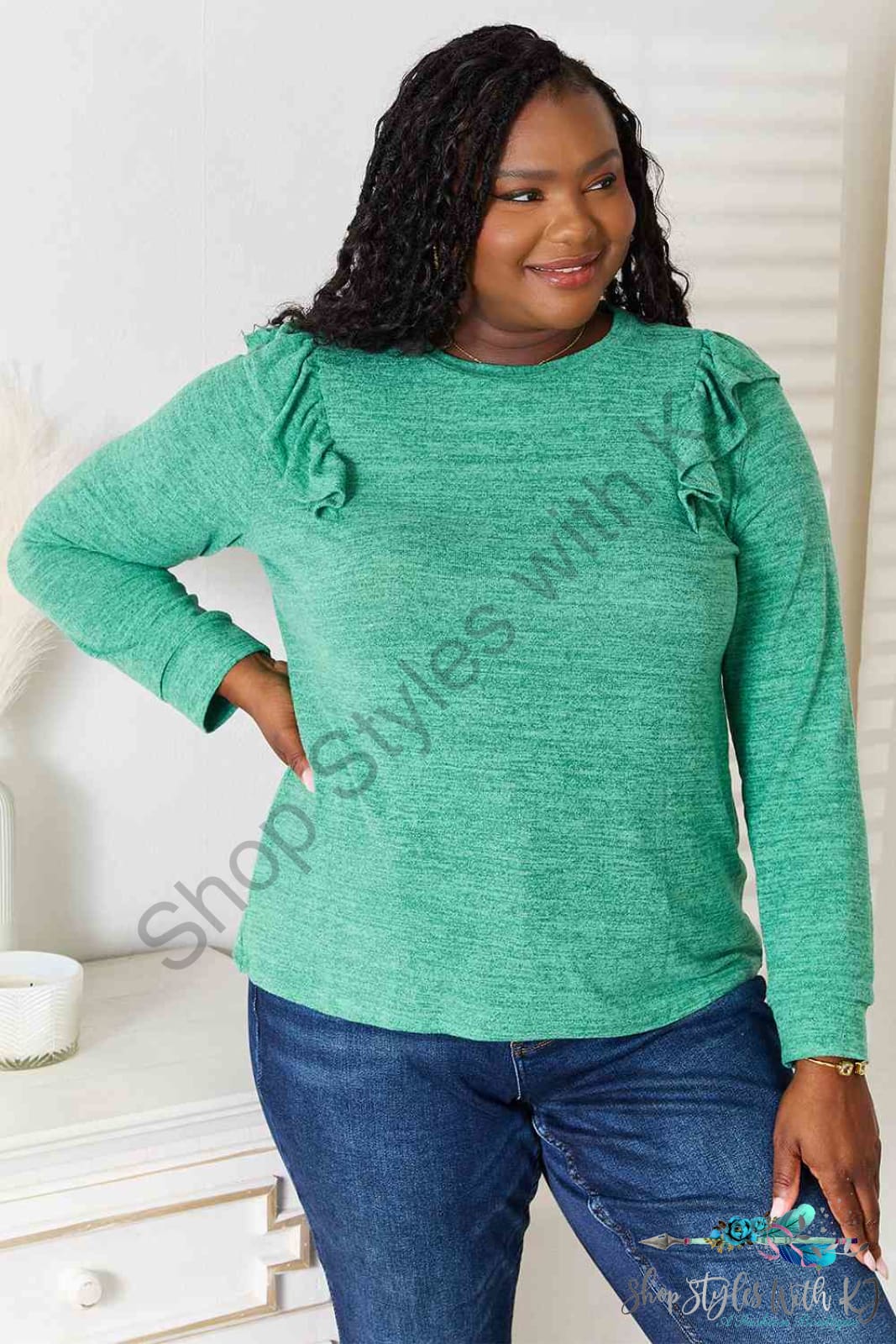 Ruffle Shoulder Long Sleeve T-Shirt Green / S Shirts & Tops