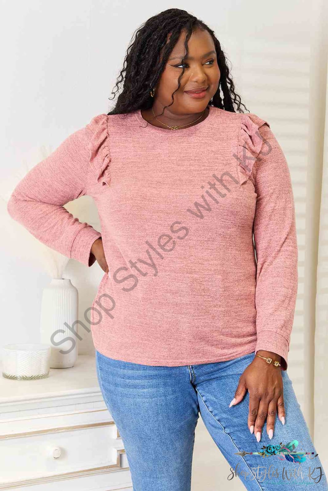 Ruffle Shoulder Long Sleeve T-Shirt Light Mauve / S Shirts & Tops