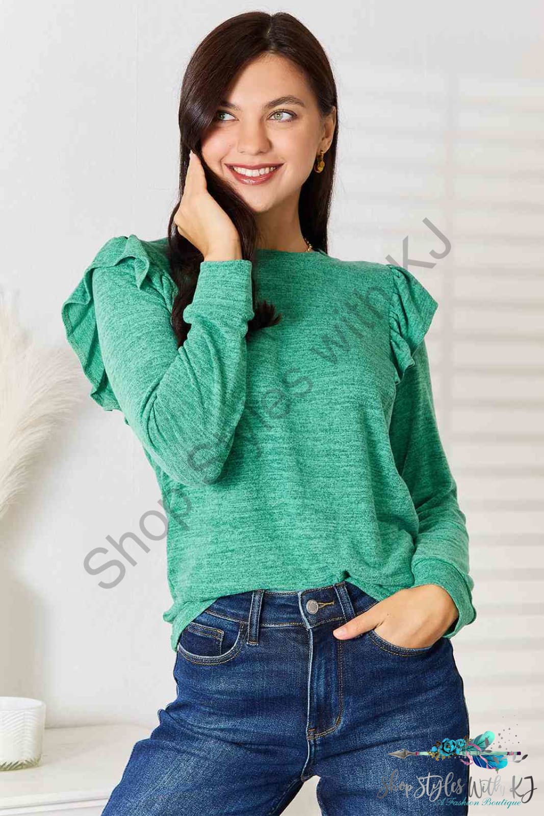 Ruffle Shoulder Long Sleeve T-Shirt Shirts & Tops