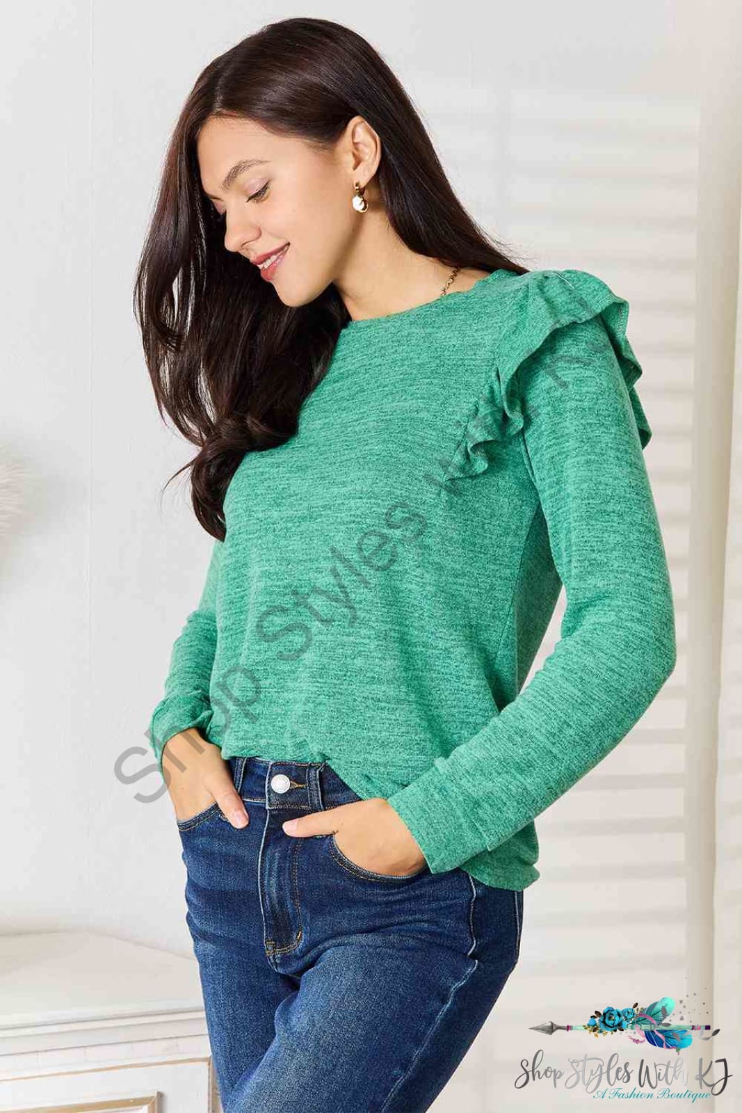 Ruffle Shoulder Long Sleeve T-Shirt Shirts & Tops