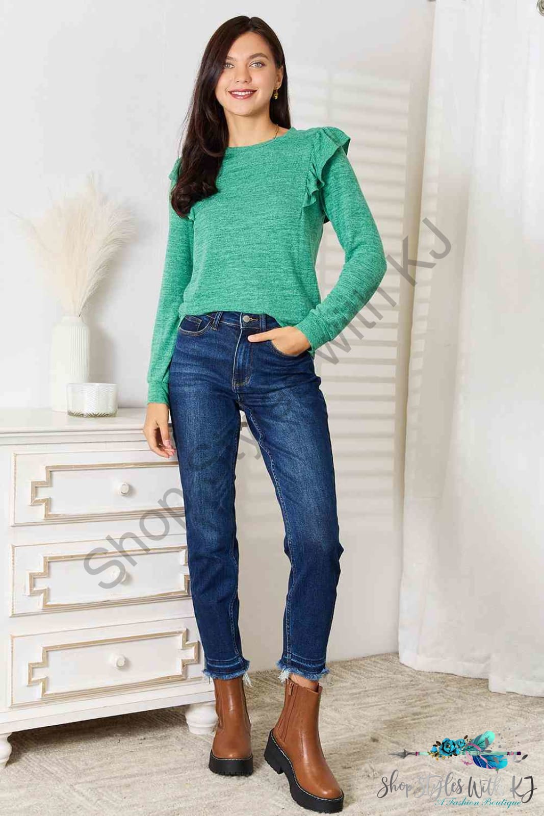 Ruffle Shoulder Long Sleeve T-Shirt Shirts & Tops
