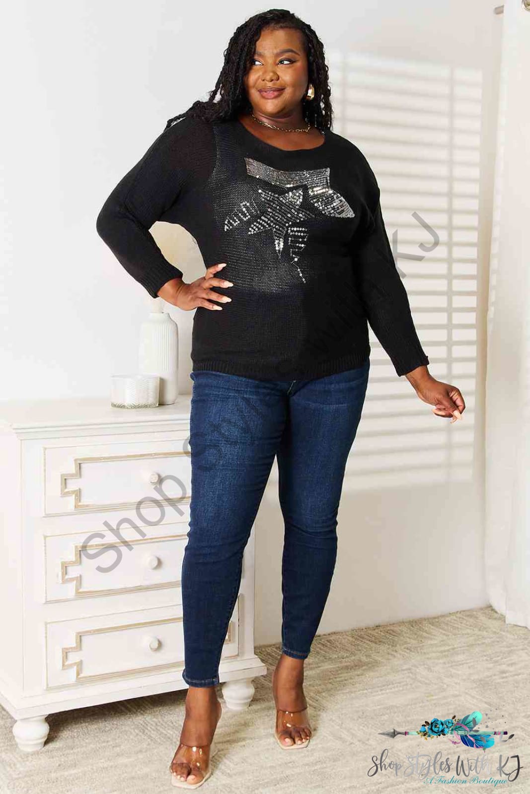 Double Take Sequin Graphic Dolman Sleeve Knit Top