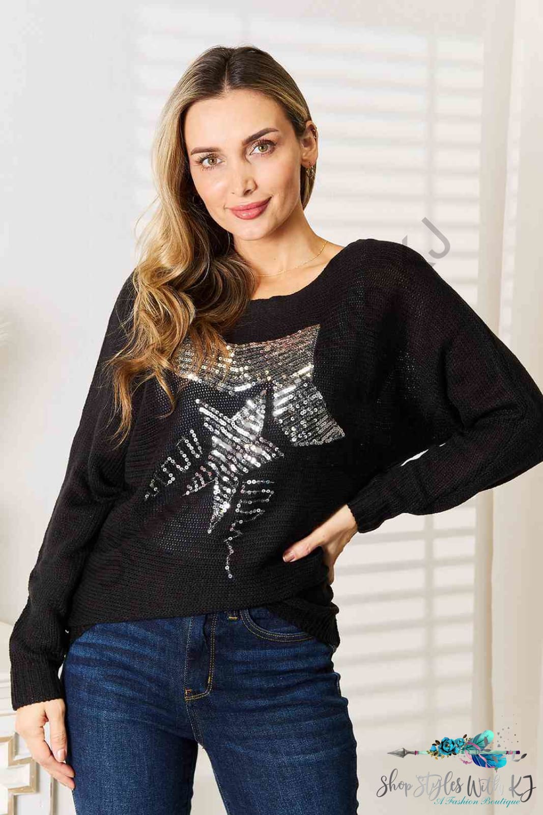 Double Take Sequin Graphic Dolman Sleeve Knit Top