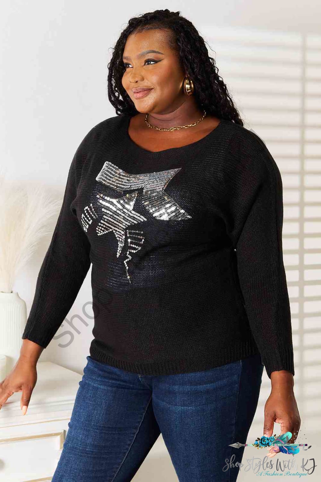 Double Take Sequin Graphic Dolman Sleeve Knit Top